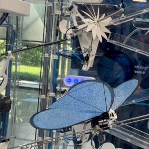 Roboter mit blauen Flügeln in technischer Umgebung