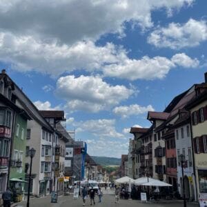 Colorful old town street with cloudy sky in Germany